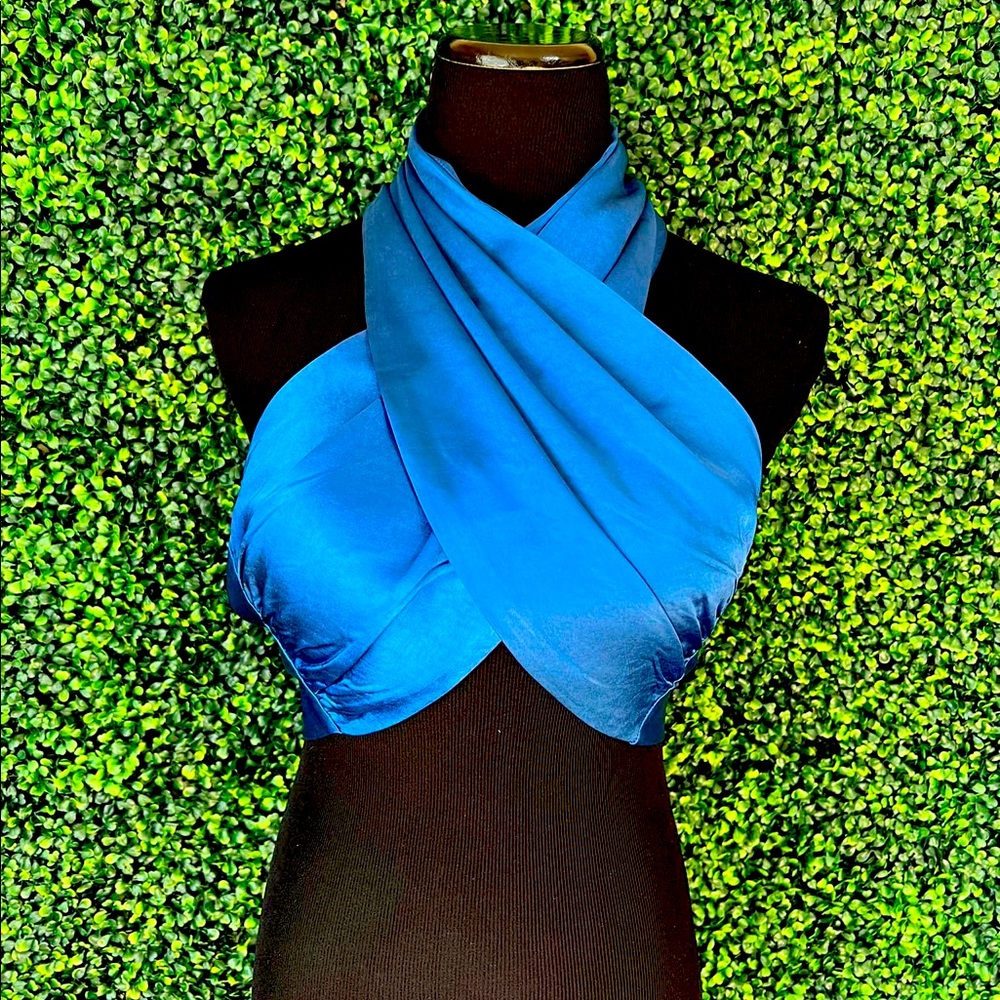 Blue Satin Halter Crossover Top $23